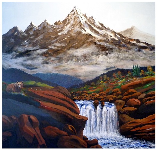 Art painting paint waterfall mountains color Photo Free 
