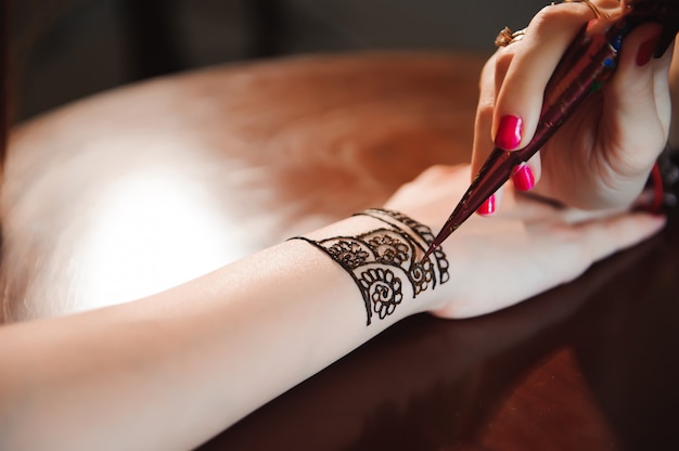 Premium Photo Artist Applying Henna Tattoo On Women Hands Mehndi Is Traditional Indian Decorative Art