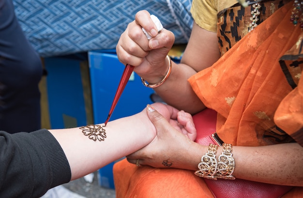 Premium Photo Artists Applying Henna Tattoo On Women S Hands Mehndi Is Traditional Indian Decorative Art