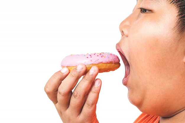 Asian fat boy holds a strawberry-coated donut he enjoys eating. food concepts that cause children's physical health problems cause diseases Premium Photo