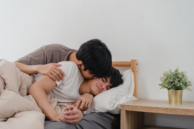Asian Gay Couple Kiss And Hug On Bed At Home Young Asian