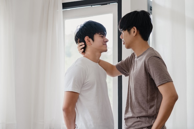 Asian Gay Couple Standing And Hugging Near The Window At