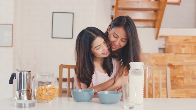 Asian Lesbian Lgbtq Women Couple Have Breakfast At Home Photo Free Download