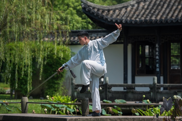 公園 中国武術で朝太極拳の剣でワークアウトアジア人 プレミアム写真