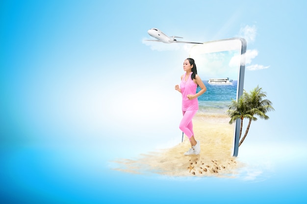 Asian sporty woman running on the beach Premium Photo