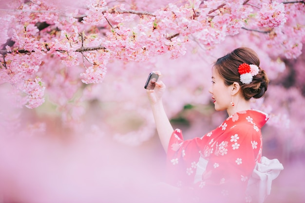 Premium Photo | Asian woman wearing kimono using smartphone with cherry ...