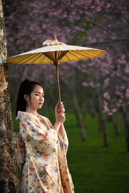 Premium Photo | Asian woman wearing traditional japanese kimono with sakura