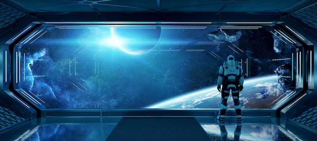 Nasaから提供されたこの画像の大きな窓の要素を通して宇宙を見ている未来の宇宙船の宇宙飛行士 プレミアム写真