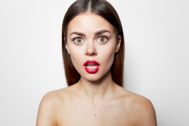 Premium Photo | Attractive woman surprised look red lips open mouth ...