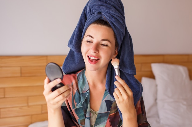 Attractive Woman Wearing Bathrobe Shower Towel On