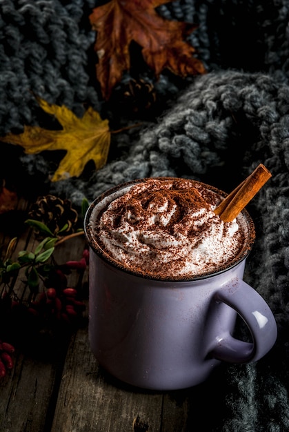 秋の飲み物 ホットチョコレートまたはココアとホイップクリームとスパイス プレミアム写真