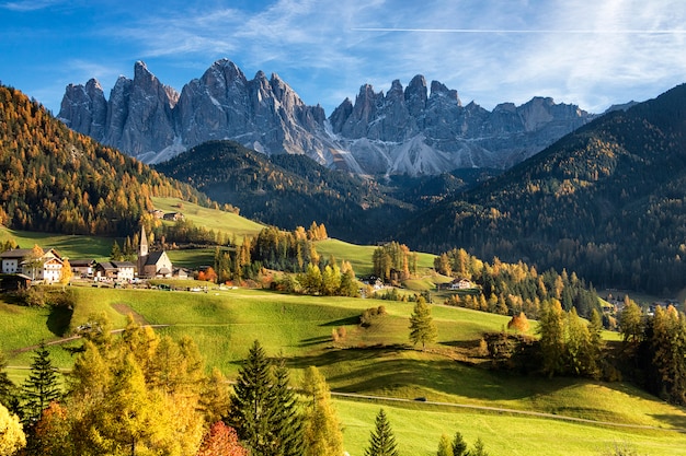 Autumn Funes Valley And Old Chapel Santa Maddalena In Val Di Funes In 