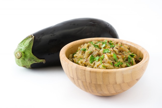 Premium Photo Baba Ganoush In Wooden Bowl Isolated On White