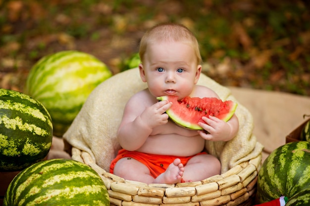Premium Photo Baby In A Basket Eats A Watermelon