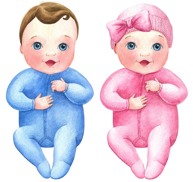 Premium Photo Baby Boy Baby Girl Newborn Nursery Watercolor Illustration Set Twins Isolated