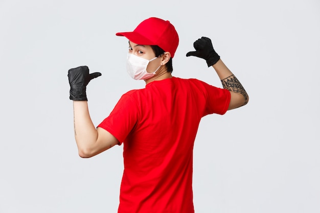 Download Free Back View Of Asian Delivery Man In Medical Mask And Protective Use our free logo maker to create a logo and build your brand. Put your logo on business cards, promotional products, or your website for brand visibility.
