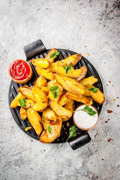 Premium Photo Baked Fried Potatoes With Garlic Herbs Red And White Sauces On Grey Stone Background