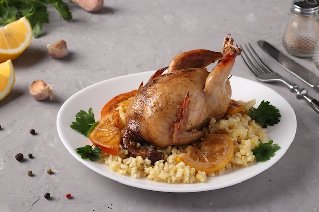 Premium Photo Baked Quails With Lemon And Orange Served With Bulgur On A White Plate On A Gray Background Closeup