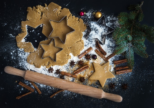 Baking ingredients for christmas holiday traditional gingerbread cookies preparation Premium Photo