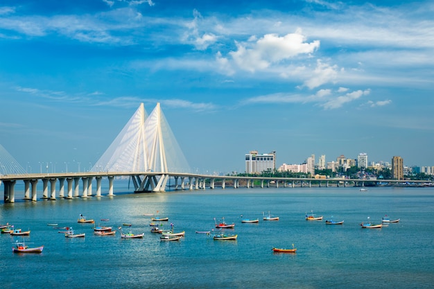 Premium Photo | Bandra - worli sea link bridge with fishing boats view