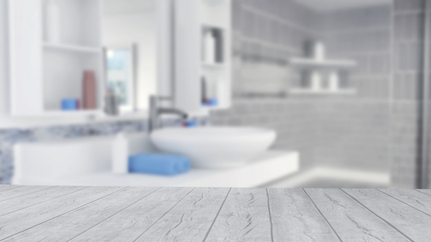 Bathroom interior design with blue towels and empty wooden floor Premium Photo