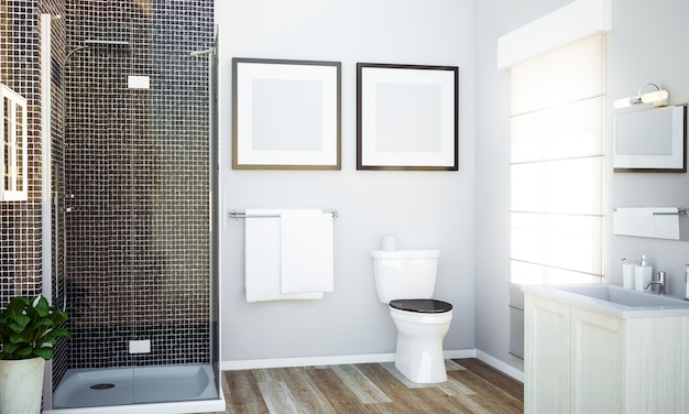 Download Bathroom with two white frames mockup | Premium Photo