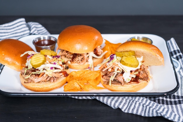 Premium Photo Bbq Pulled Pork Sandwich With Coleslaw On Brioche Buns