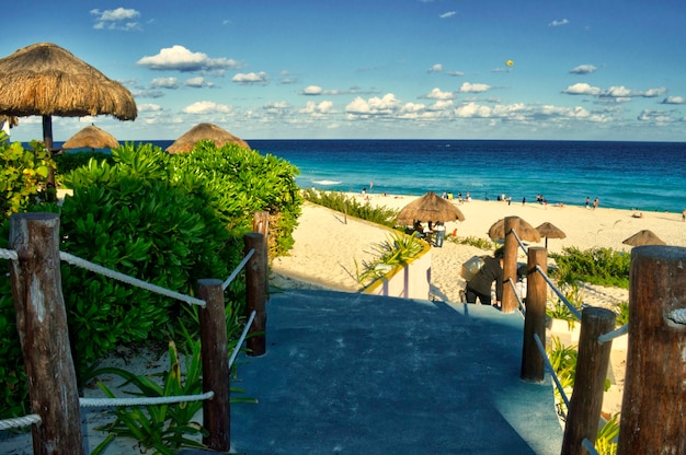 カンクン メキシコの美しいビーチ プラヤデルフィネス 晴れた日にキンタナロー州のビーチ 休暇を楽しんでいる観光客とカリブ海の美しい景色 プレミアム写真