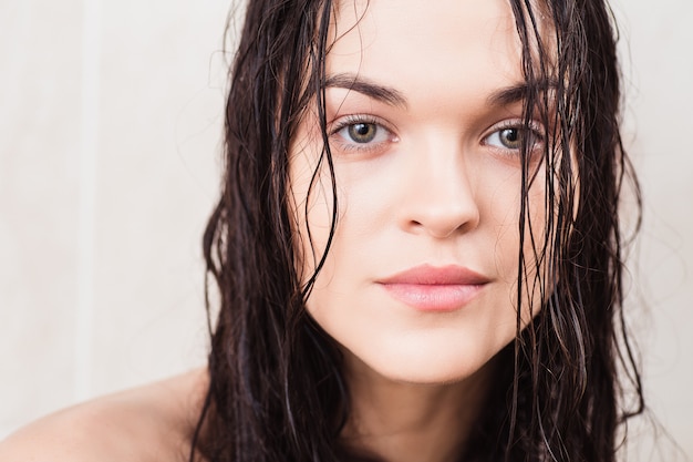 Premium Photo Beautiful Brunette Woman With Long Wet Hair Posing In The Shower