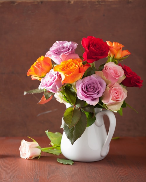 Premium Photo Beautiful Colorful Rose Flowers Bouquet In Vase