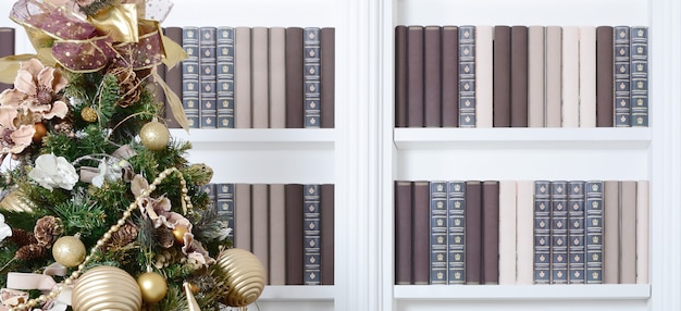 A Beautiful Decorated Christmas Tree On The Wall Of A Bookshelf