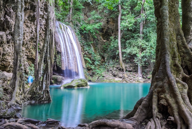 Premium Photo | Beautiful deep forest waterfall of erawan waterfall in ...