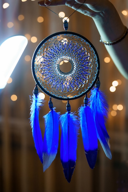 dream catchers with blue feathers on ribs