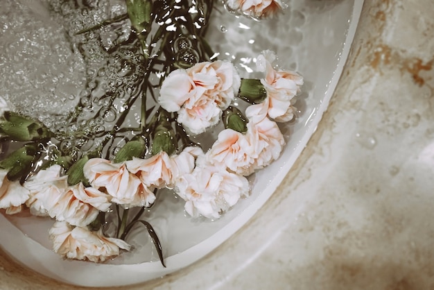 Premium Photo Beautiful Flowers In A Sink With Water Aesthetic Beauty