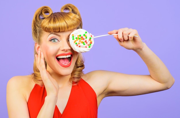 Premium Photo Beautiful Funny Woman With Lollipop Surprised Blonde
