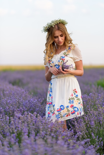 white dress with lavender flowers