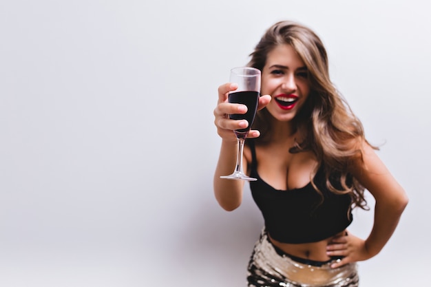 Free Photo Beautiful Girl Smiling And Raising Glass Of Wine In Toast