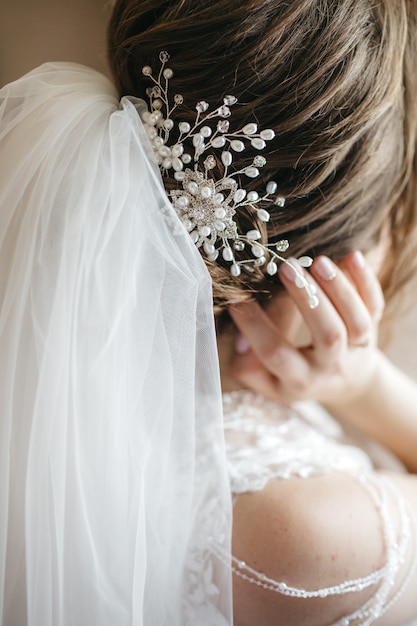 beautiful hairstyle bride on the wedding day  free photo