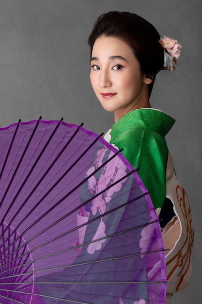 Beautiful japanese model with a purple umbrella Free Photo