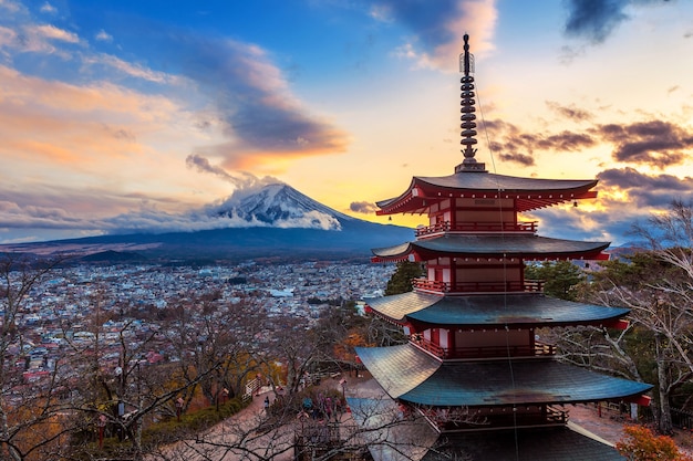 Free Photo Beautiful Landmark Of Fuji Mountain And Chureito Pagoda At