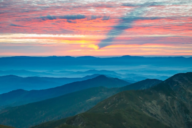 Premium Photo | Beautiful landscape with sunset in blue mountains