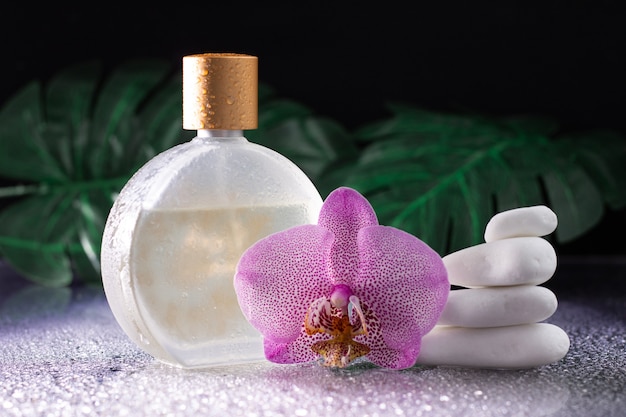 美しいライラックの蘭の花と白い石のオードトワレまたは香水の透明なボトル プレミアム写真