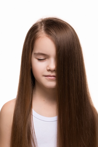 Beautiful Little Girl Caucasian With Long Dark Hair Happy Smiling