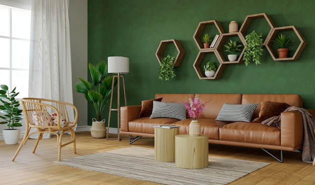 Premium Photo Beautiful Living Room With Green Walls And Wooden Hexagon Shelves 3d Rendering
