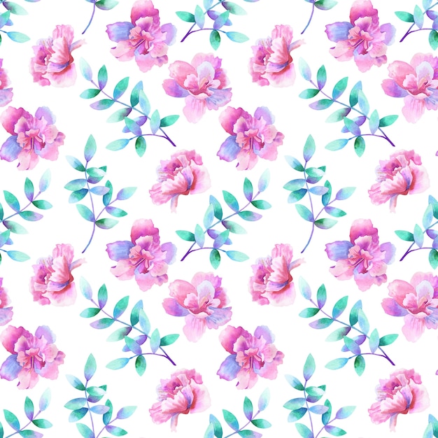 美しい紫ピンクの花と緑紫の枝 花のシームレスなパターン 手描きの水彩イラスト 印刷 ファブリック テキスタイル 壁紙のテクスチャ プレミアム写真