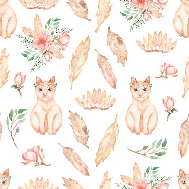 Download Premium Photo Beautiful Seamless Tileable Pattern With Watercolor Cat Animals Cute Red Cats With Flower Wreath Flower Bouquets Branch Of Leaves Magnolia Flowers Blossoms Feather And Crown With Feathers