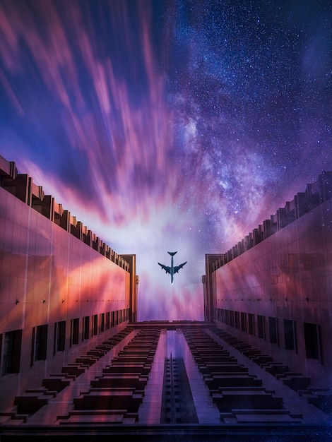 Beautiful shot of an airplane going over the building with a starry sky in the background Free Photo