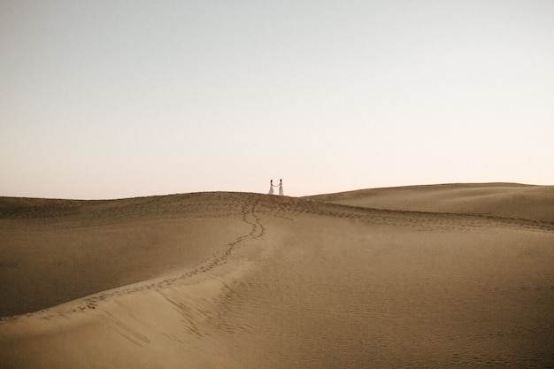 Free Photo | Beautiful shot of a desert hill with two females holding ...