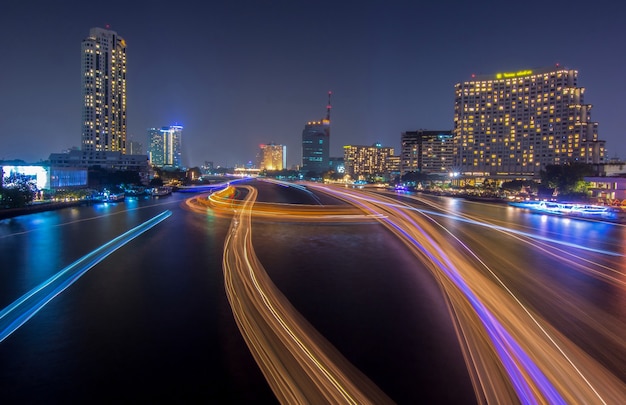 Beautiful Viewing Traffic On Chao Phraya River In Twilight From Taksin