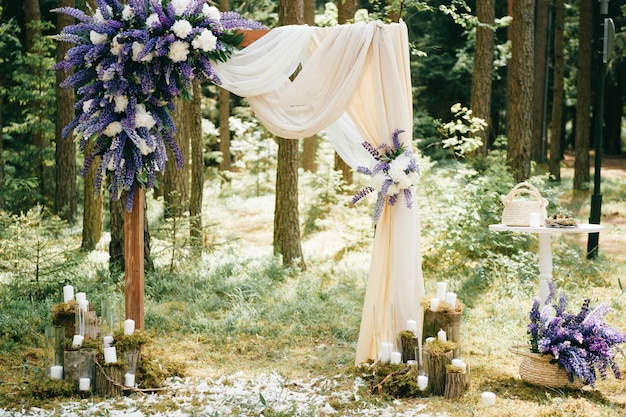 Beautiful Wedding Arch With Blue Flowers And Decorative Elements